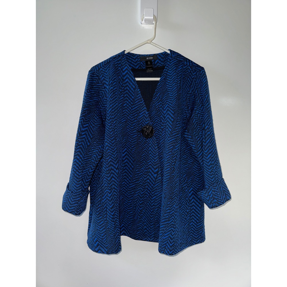 Ali Miles Blue Black Chevron Zigzag Button Front Jacket Womens PXL Art To Wear